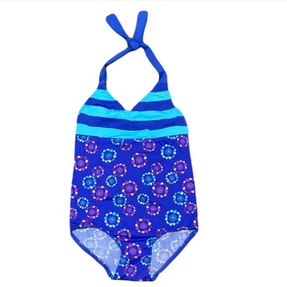 Tea Collection Blue Floral Stripe Halter One Piece Bathing Suit Size 2 - Picture 1 of 4